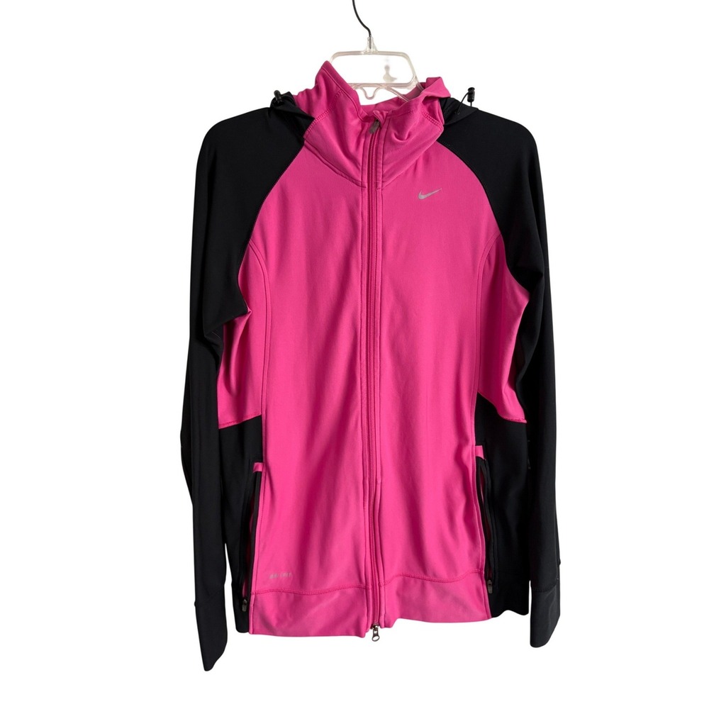 Nike Running Dri-FIT Full Zip Hoodie Pink Black Colorblock Thumbholes‎ Womens XL